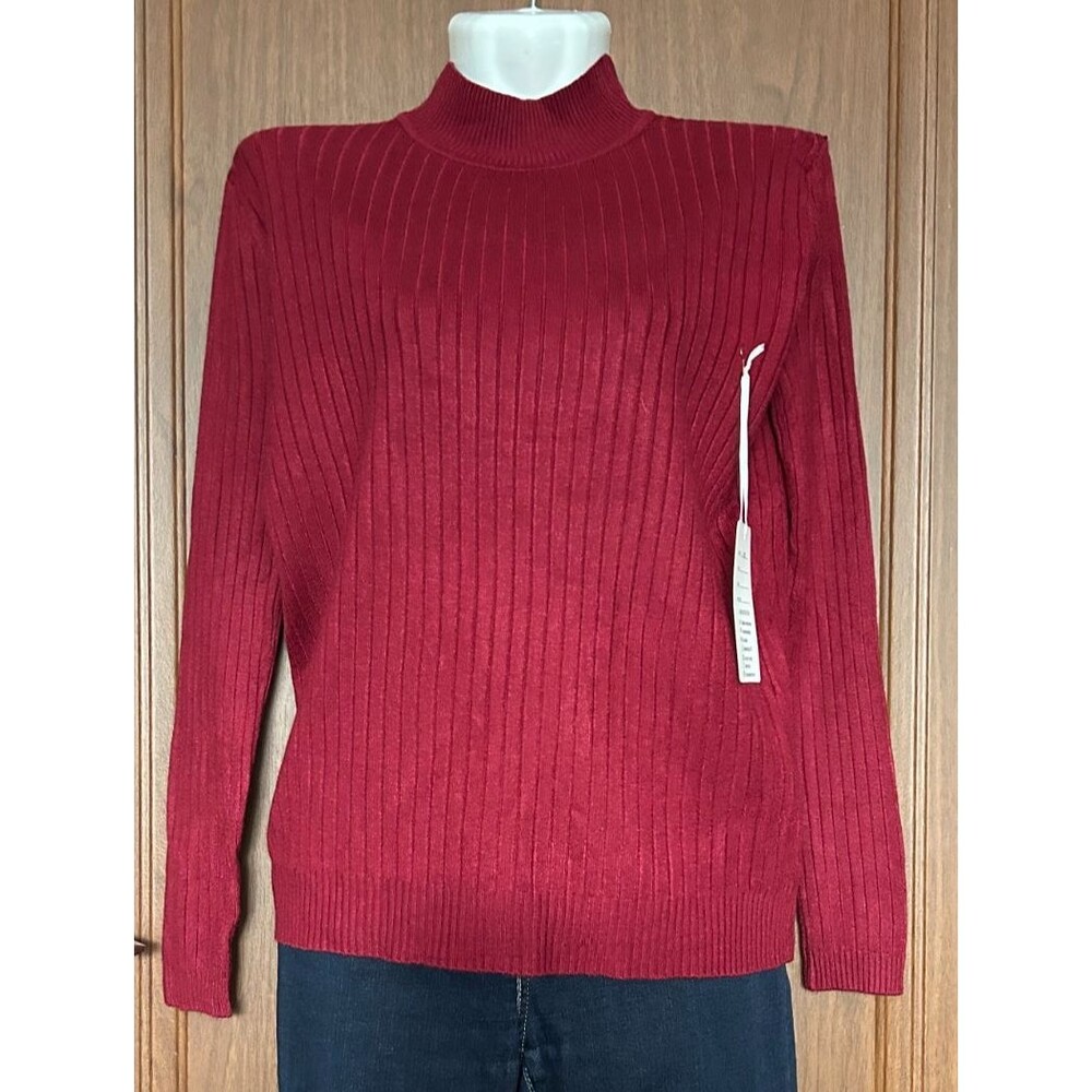 Womens S Burgundy Red Ribbed Mock Neck Cashmere Blend Sweater Long Sleeve Comfy